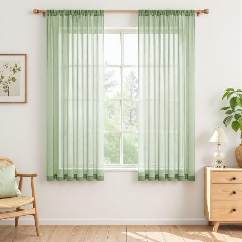 MRTREES Kurze Vorhänge Salbeigrün Transparente 2er Set H120 x B140 cm – Ansicht 1