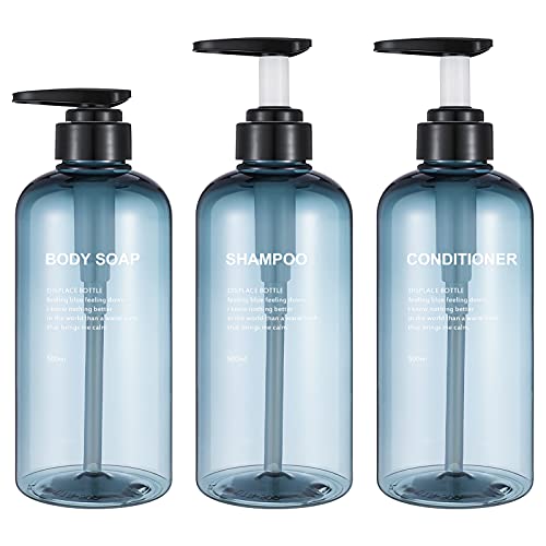 Oliyee - Confezione da 3 flaconi vuoti da 500 ml, in plastica blu, con dispenser di sapone per bagno o cucina, lozioni, shampoo, balsamo, gel doccia