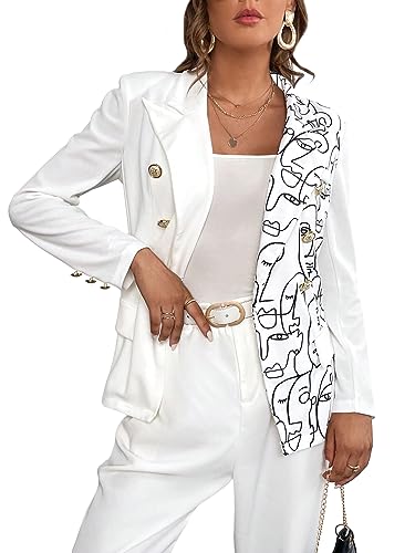 WDIRARA Women's Figure Graphic Printed Double Breasted Long Sleeve Blazer Jackets with Pockets