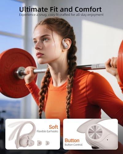 Image of PocBuds Bluetooth Headphones Wireless Earbuds 80hrs Playtime Wireless Charging Case Digital Display Sport Ear Buds with Earhook Deep Bass IPX7 Waterproof Over-Ear Earphones for Phone Laptop Beige