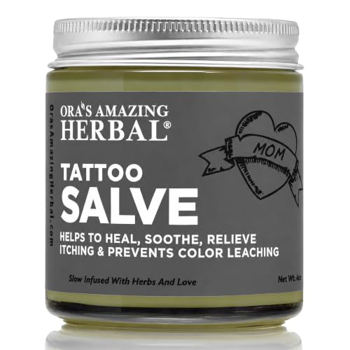 Ora's Amazing Herbal Natural Tattoo Salve, Tattoo Aftercare Balm for New & Old Inked Skin, Moisturizing & Itch Soothing Cream, Petroleum Free & Color Restoring Tattoo Ointment, 4oz, USA made