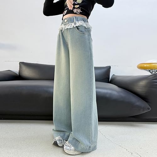 Raw Hem Wide Leg Jeans for Youth Girls Lace Elastic Waist Baggy Denim Pants Compy Cotton Trousers Streetwear with2