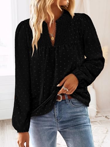 BETTE BOUTIK Women Boho Long Sleeve Shirts Dressy Casual V Neck Fall Fashion Tops Swiss Dot Flowy Blouses