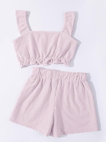 Image of Girl's Summer Clothing Sets Knit Ruffle Striped T-Shirt and Shorts 2 Piece Outfits