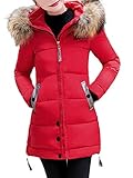 Minetom Damen Winterjacke Wintermantel Lange Daunenjacke Parka Winddichte Jacke Mantel Frauen Warm Steppjacke Oberbekleidung Trenchcoat mit Plüsch Kappe Rot DE 36