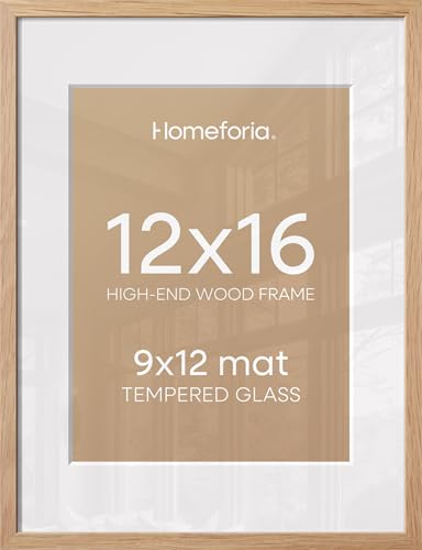Image of Homeforia 12x16 Wood Frame, High End Natural Oak 12x16 Light Wooden Picture Frame with Mat 9x12, 12 x 16 Poster Frames Matted to 9 by 12 Photo, 16x12 Hanging Frames, Tempered Glass, Wall Kit, Set of 2