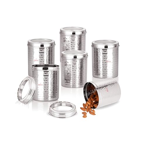Image of Ebun Stainless Steel Containers for Kitchen Storage Set | Steel Storage Containers for Kitchen | Steel Containers with Lid | Hand Hammered Texture Airtight Steel Containers 750 Gms | Pack Of 6