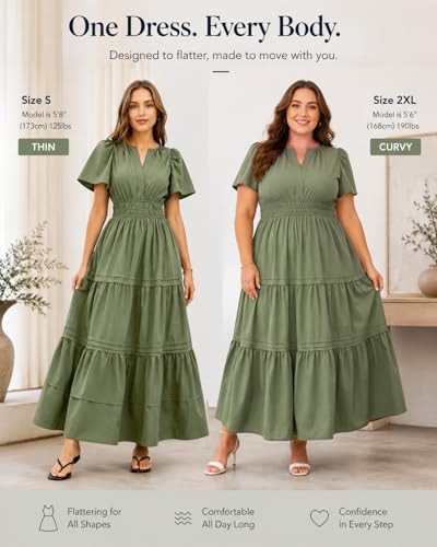 ANN DARLING Flattering Women Cotton Tiered Maxi Dress Smocked Waist Pockets — view 3