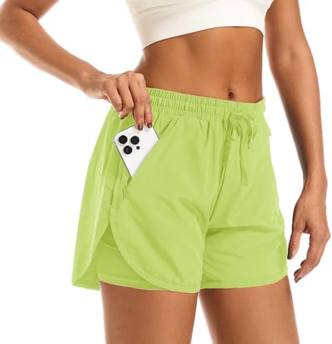 Women's 2 in 1 Athletic Running Shorts Quick Dry Workout Casual Gym Sweat Shorts Mesh Comfy Liner Zipper Pockets