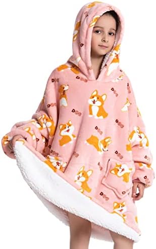 Kids Oversized Blanket Hoodie with Big Front Pockets, Flannel and Cotton Wool Warm Cozy Hug Boy Girl, Fuzzy Fleece Wearable Sweatshirt Blankets for Teenagers 7-12Years Corgi