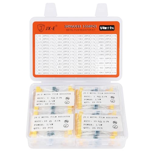 JX-E 1350-Pcs Precision Resistor Kit, 50 Values from 0 Ohm to 5.6M Ohm, 1% Tolerance, 1/4W Metal Film for Electronics & Circuits