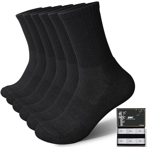 LWK Mens Bamboo Viscose Thick Cushioned Crew Socks 6-Pack Gift Box
