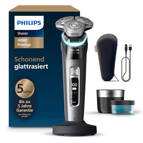 Philips Rasierer i9000 Prestige, Nass- und Trockenrasierer für Männer mit integriertem Trimmer, dunkelgrau, Drucksensor, Reinigungsstation, Ladestation und Reiseetui (Modell XP9202/30)