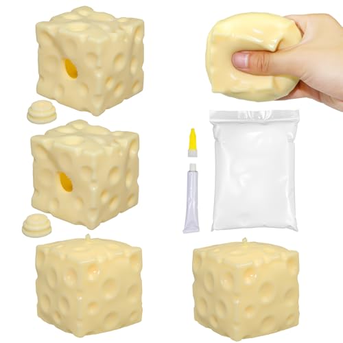 2Pcs Cheese Squishy Skin Stress Ball Making Kit - Easy Handmade Sensory Squishy Toys | Includes 2 Cheese-Shaped TPR Skins and 3.5 oz Filler; ASMR Craft Anxiety Relief Slow-Rising Cheese Squishies
