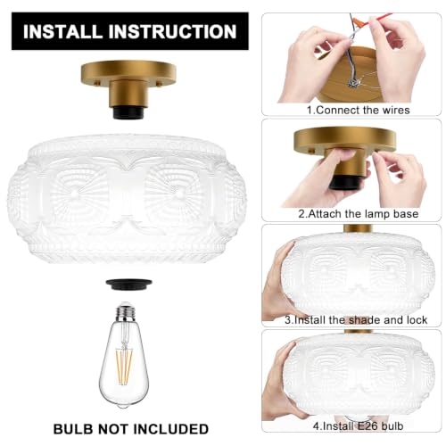Image of 12 inch Milk Glass Semi Flush Mount Ceiling Light Fixture, Gold Base