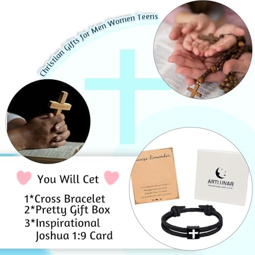 Artlunar Christian Gifts for Men Women Teens Inspirational Religious Bible Verse Joshua 1:9 Cross Bracelet Braided Rope Adjustable Bracelet Baptism Confirmation First Communion Gifts4