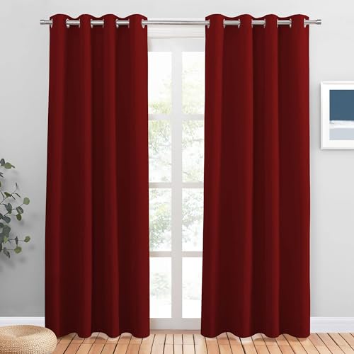 PONY DANCE Thermal Blackout Curtains - 55 x 79 Inch Eyelet Christmas Curtains Modern Style for Home Decoration Sun Blocking Drapes for Short Window, Red, 2 Panels