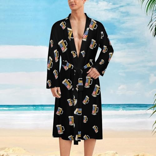 U.S. Flag Beer Mens Bathrobe Soft Long Bath Robe Warm Spa Robe Nightgown Quick Dry with Waist Belt2