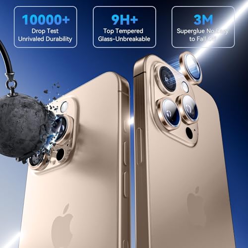 Image of PACK OF 2 Desert Titanium Camera Lens Protector for iPhone 16 Pro / 16 Pro Max UHD Clear 9H Tempered Glass, Scratch & Drop Resistant Camera Guard, Case Friendly Waterproof Heavy Duty Camera Lens Cover