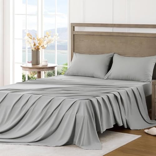 Image of FreshCulture California King Sheet Sets - Brushed Microfiber - Deep Pockets - Easy Care - Cooling & Breathable Bed Sheets - 4 Pieces Hotel Luxury Cal King Sheets (Light Grey)