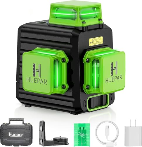Niveau Laser Vert, Huepar 3x360 avec Batterie Li-ion Rechargeable, Laser Level Auto-nivellement, avec Port de Charge de Type-C et Étui de Transport à Coque Rigide Inclus - B03CG Pro