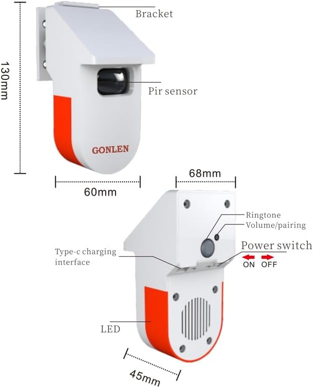 GONLEN Tuya WiFi PIR Motion Sensor dimensions and components