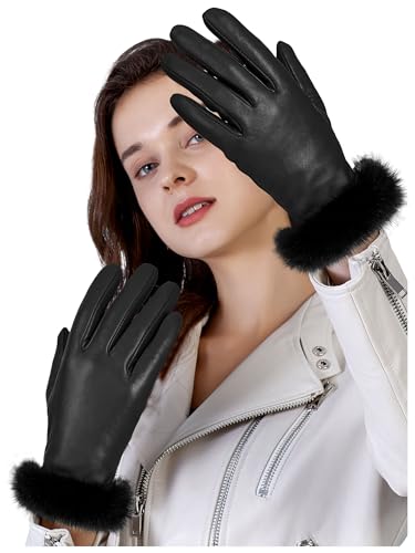 FIORETTO Womens Chrome-Free Genuine Leather Gloves with Fur Cuff Touchscreen Winter Warm Driving Gloves Cashmere Lined Black Medium