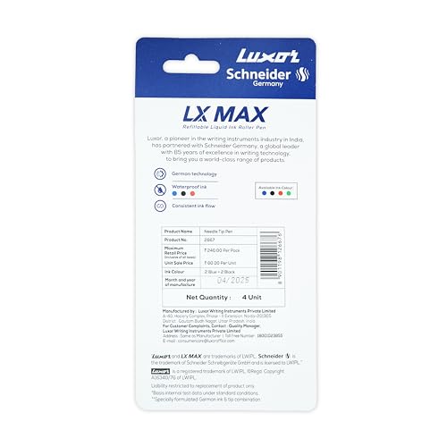 Image of Luxor Schneider LX MAX roller ball pen, Pack of 4, 2 Blue+2 Black, Needle Tip, 0.5mm, 100% German Technology, 1000+ mtrs writing length, Waterproof Ink, Ideal for Students & Professionals