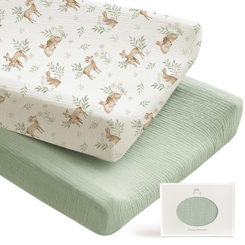 Image of Konssy 2 Pack Muslin Changing Pad Covers for Boys, Ultra Soft & Breathable Cotton Baby Diaper Changing Table Covers, Neutral Nursery Diaper Changing Pad Sheets (Woodland,Sage)