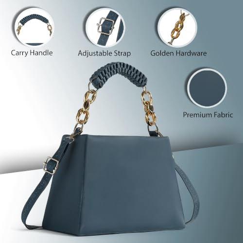 Image of Women's Teal Blue Structured Handbag with Chain Handle | Braided Top Handle, Gold-Tone Chain, Adjustable Crossbody Strap, Woven Strap Detail, Structured Design