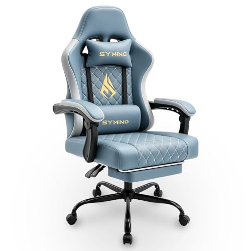 Symino Chaise de Gamer Ergonomique, Chaise Gaming avec Soutien Lombaire Repose-Pieds, Fauteuil de Bureau réglable et pivotant capacité de Charge 150 kg, Cuir PU Blanc Bleu