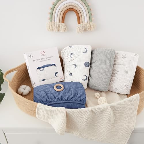 Image of Bearmoss Muslin Crib Sheets 100% Cotton Baby Crib Sheets Soft&Breathable Nursery Sheet 52 inchx28 inch for Standard Crib Mattress&Toddler Bed Mattress - 2 Pack (Blue Crescent)