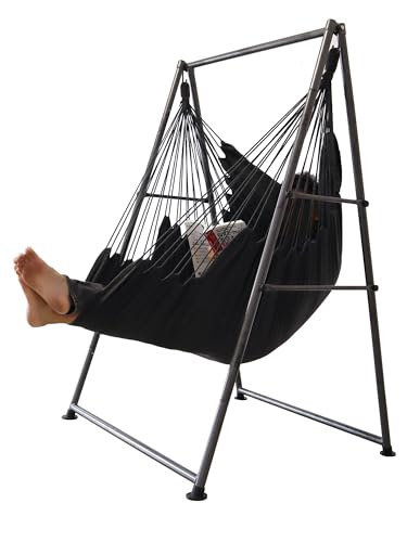 Hammock Chair Stand with X-Large Swing Chair with Footrest,Anti-Tip Thickened Weather-Resistant Iron Pipe Swing Frame, 450Lbs Stand Capacity Quick Assembly for Indoor Outdoor (Dark Grey)