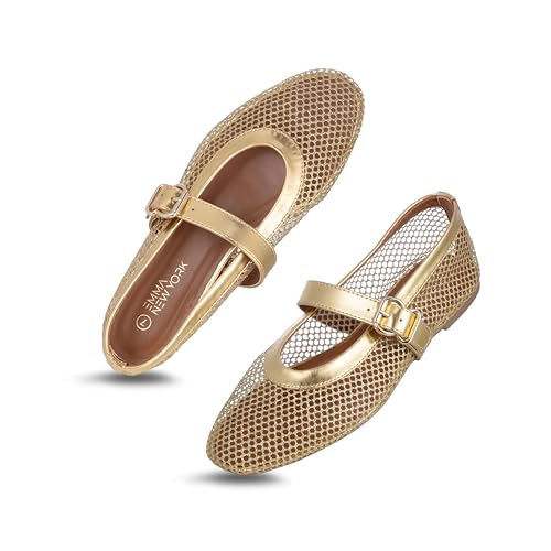 Womens Mesh Ballet Flats  Fishnet Mary Jane Flats with Adjustable Buckle Strap, Breathable & Stylish Ballerina Shoes