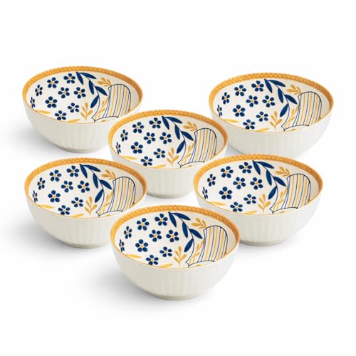 Image of YELONA Ceramic Snack Bowls - Set of 6 (300 ml Each) - Microwave Safe Side Bowls for Serving Noodles, Soups | Rice, Dal, Fruits | Perfect for Christmas, New Year Gift & Daily Use (Abstract)