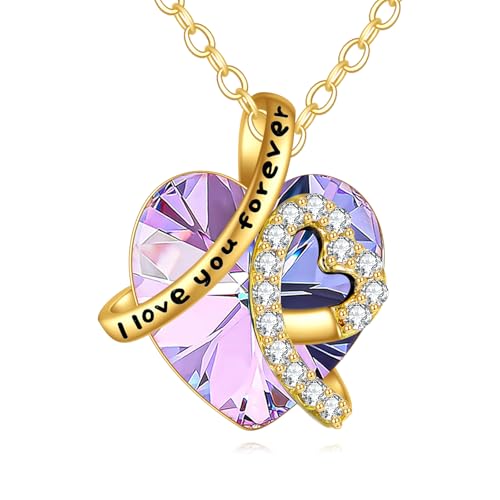 KECHO 14K Real Gold I Love You Forever Necklace Solid Yellow Gold Heart Birthstone Crystal Pendant Jewelry Birthday Mother's Day Anniversary Christmas Gifts for Women