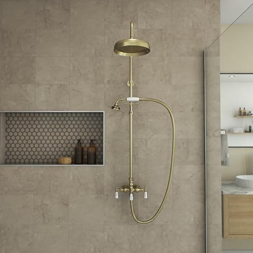 Image of Abbey 10 x 34 1 /2 Shower Faucet Set with Handshower, Brushed Brass