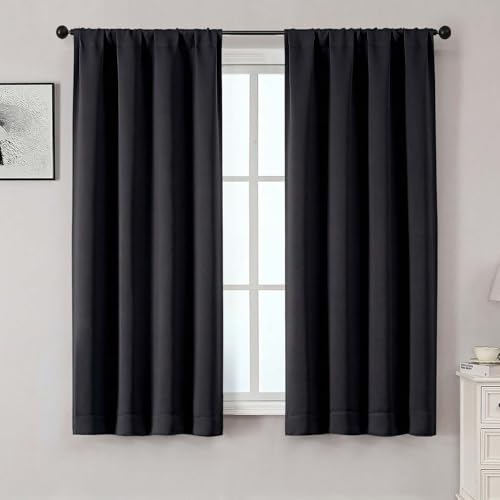 OWENIE Sally Blackout Curtains for Bedroom Living Room 63 Inch Length 2 Panels Set, Tripe Weaved Thermal Insulated Room Darkening Black Out Rod Pocket Window Drapes, 2 Pcs Total 74" W x 63" L, Black
