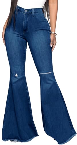 Women's Elastic Ripped Hole Classic Denim Bell Bottom Jeans