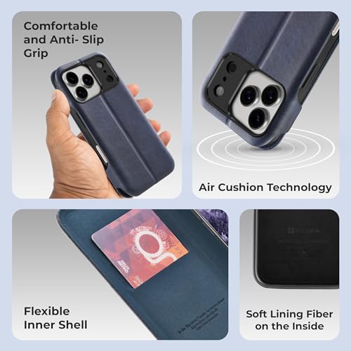 Image of PULOKA Premium Leather Flip Cover Compatible with iPhone 17 Pro Max - Slim Magnetic Lock Wallet Case with Card Slot, Shockproof TPU Inner, Full Body Protection & Raised Camera Guard (Blue)