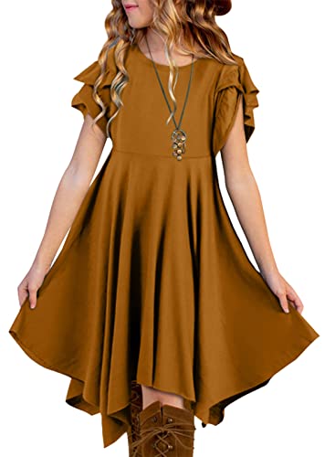 blibean Tween Girls Summer Dress Boho Short Sleeve Dresses Cute Clothes High Low Outfits Teen Trendy Clothing Size 12-13 Years Old Light Brown