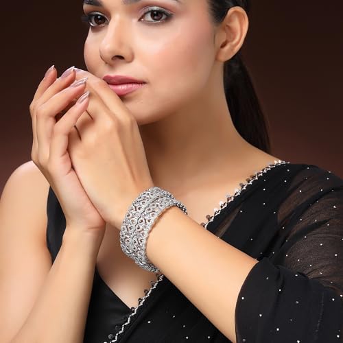 Image of ZENEME Rhodium Plated Silver Toned Teardrop Shaped White American Diamond Studded Bangles Set Of 2 For Women & Girls