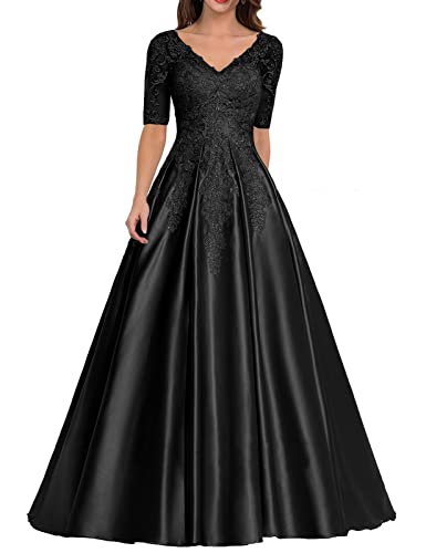 Abendkleid Satin Lang Ballkleid Hochzeitskleid für Damen A-Linie Spitzen Hochzeitsgast Kleid V-Ausschnitt Schwarz 46 Cover
