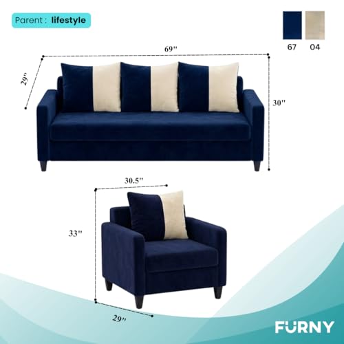 Image of FURNY Rion 3 Seater + 1 Seater + 1 Seater Fabric Sofa Set (Dark Blue-Cream) with Velvet Finish | Durable Comfort | Ideal for Living Room