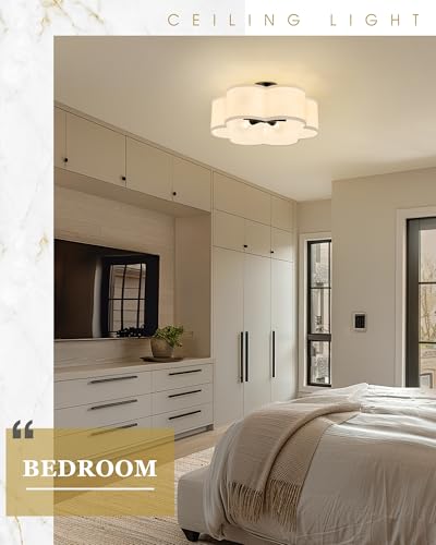 Image of Black Semi Flush Mount Ceiling Lights, 6-Light 18Inch Ceiling Light Fixtures with Fabric Drum Shade in Flower Shape for Nursery Bedroom Kitchen, AD-22007-6SF-BK