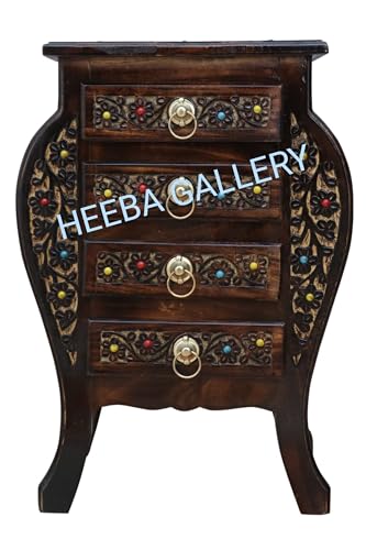 Image of Wooden Stool-Natural Wood Antique Look Side Table with Two Drawer for Living Room (Brown, 14 x 14 x 21 inch) || AS(4D) (Four Drawer Antique Table)
