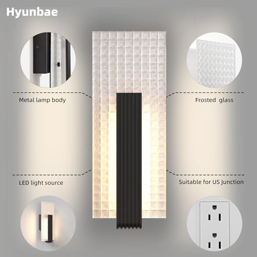 Image of Hyunbae Modern LED Wall Sconces Up and Down Wall Mount Light Black, 3000K Indoor Light Fixtures with Frosted Glass Bathroom Vanity Lights Dimmable Lighting Lamp for Home Stairway Hallway Bedoom