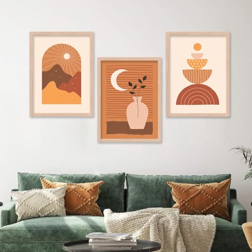 Image of kotart Modern Wall Art - Boho Framed Painting for Living Room, Bedroom - Big Size Set of 3 (Art 4, 19x25 inch)