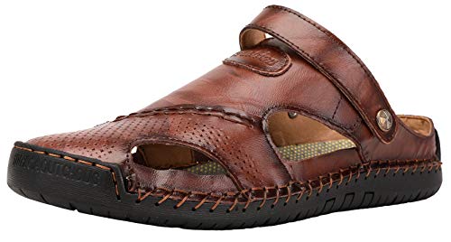 JIONS Mens Hand Stitching Outdoor Closed Toe Leather Sandals, Adjustable Heel Strap Slip on Sandals Beach Slippers Shoes2