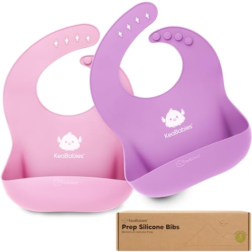 Image of KeaBabies 2-Pack Silicone Baby Bibs for Eating - Sturdy Food-Grade Silicone Bibs for Babies Girl, Boy, Large Food Catcher, Clean & Put On Easily, Waterproof Toddler Feeding Essentials (Cotton Candy)
